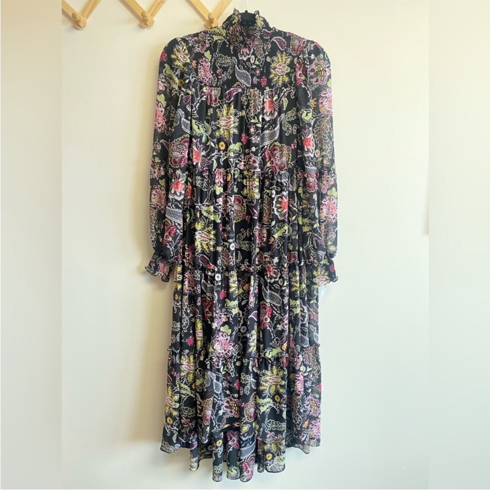 Cinq a Sept Paisley Long High-Low MAXI Dress Black Floral Mock Neck 14 - Picture 5 of 7